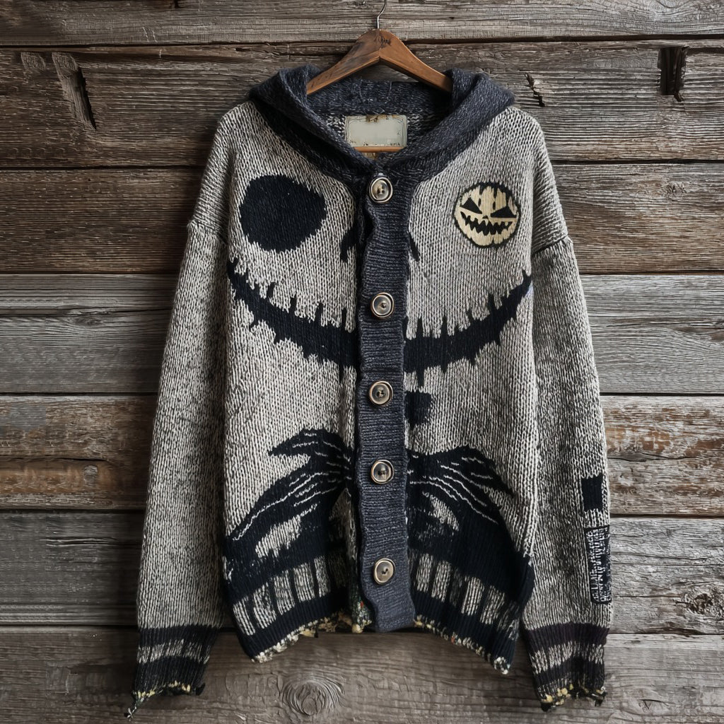 Halloween Spooky Face Contrast Stitching Cozy Knitted Hooded Sweater Cardigan elevenforest