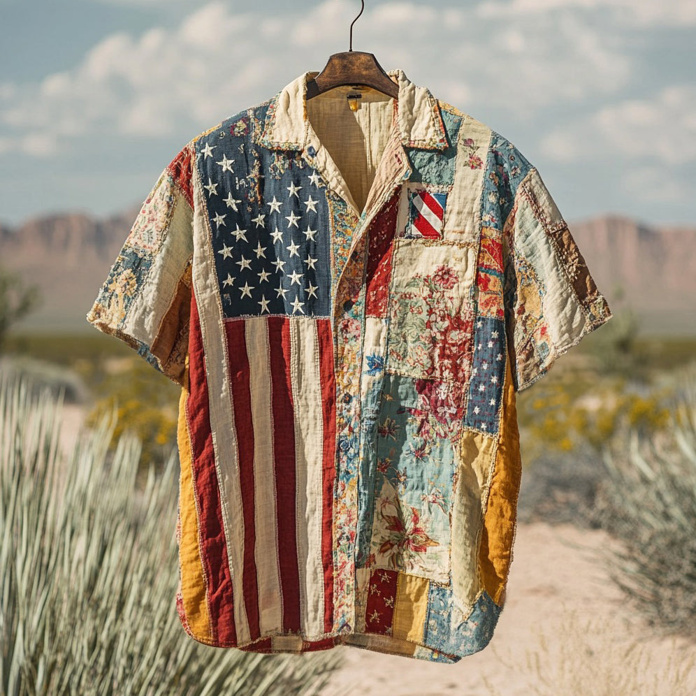 Men's Retro American Flag Floral Patchwork Pattern Art Short-sleeved Linen Shirt artswardrobe