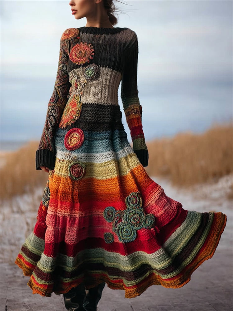 Boho Floral Crochet Colorful Striped Maxi Sweater Dress artswardrobe