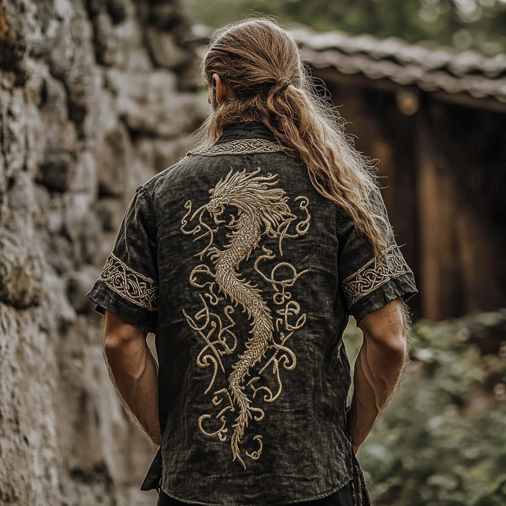 Men's Viking Dragon Rune Print Short Sleeve V-neck T-shirt artswardrobe