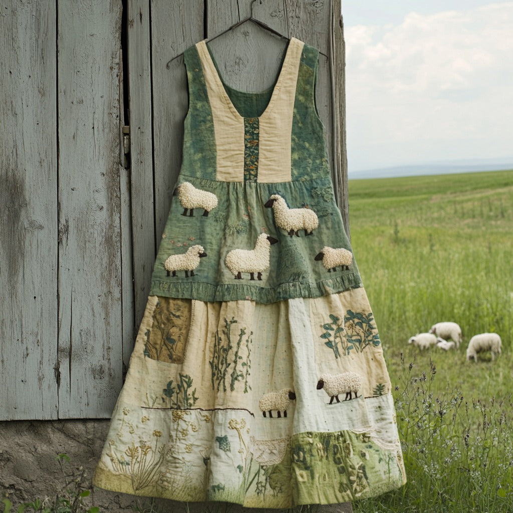 Women's Vintage Sheep Flock And Floral Patchwork Design Maxi Dress artswardrobe