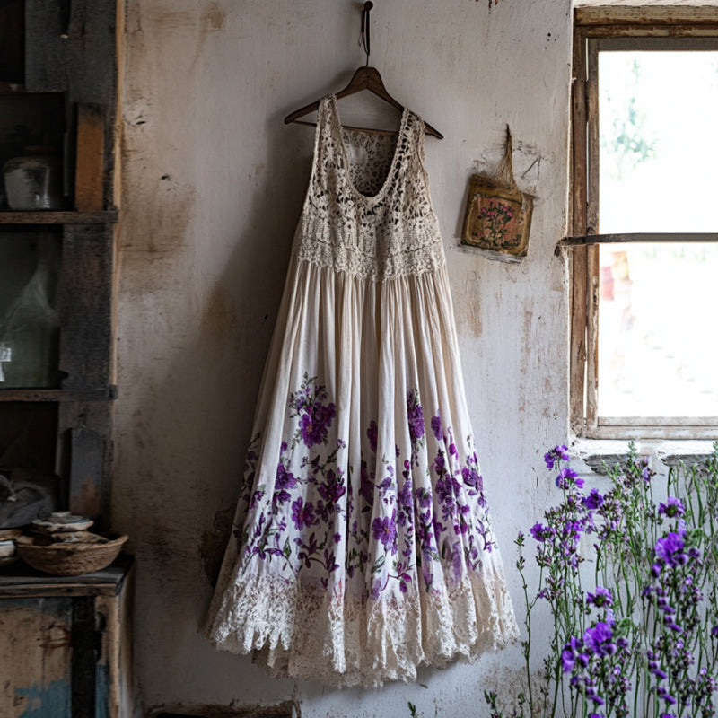 Boho Lavender Embroidered Lace Linen Dress artswardrobe