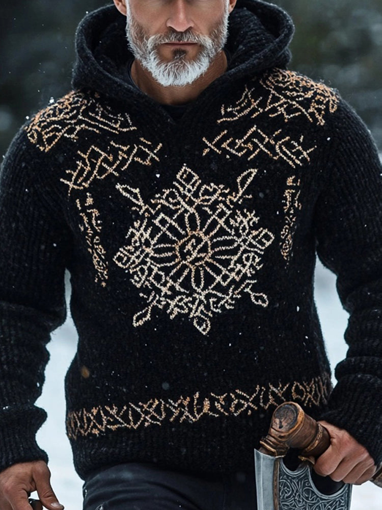 Men's Vintage Viking Inspired Jacquard Cozy Hooded Sweater artswardrobe