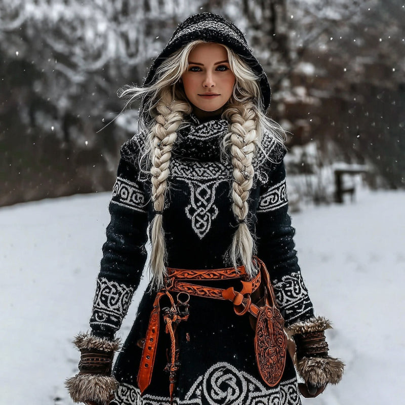 Vintage Viking Tribal Celtic Art Knit Cozy Hooded Dress artswardrobe