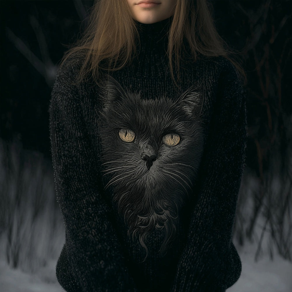 Cute Black Cat Face Pattern Knit Turtleneck Sweater