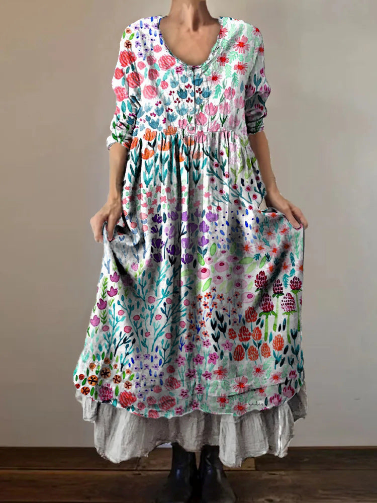 Women's Art Painting Hippie Floral Print V Neck Dress