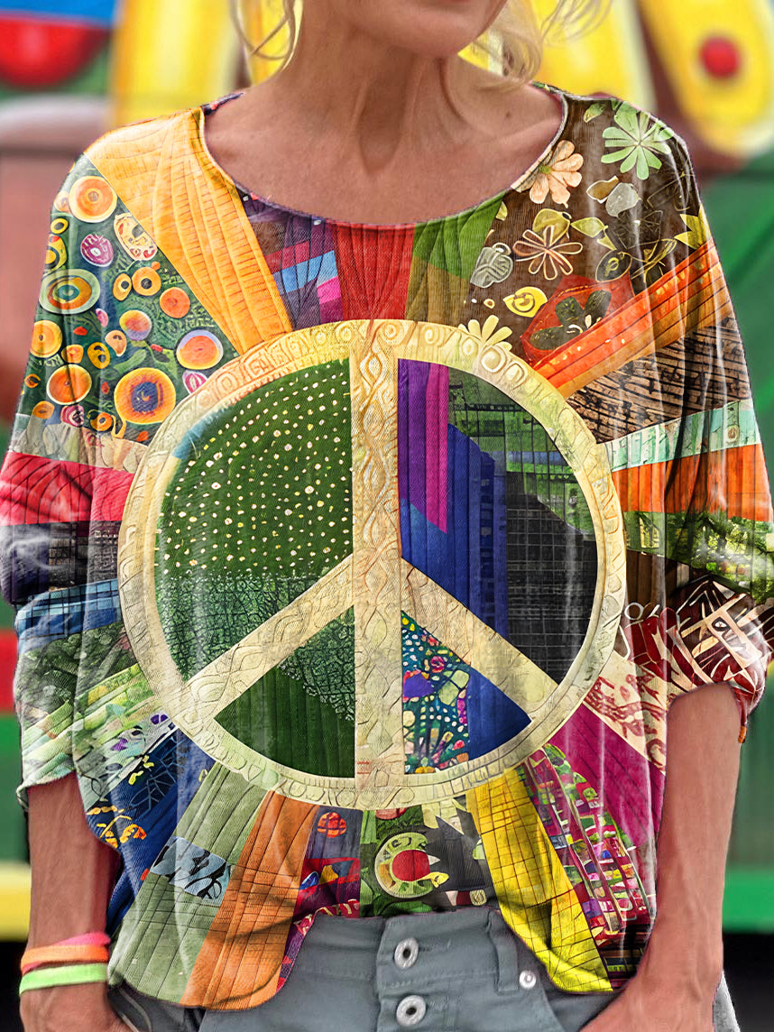 Women's Retro Peace Pattern Art Print Casual Long Sleeve T-shirt