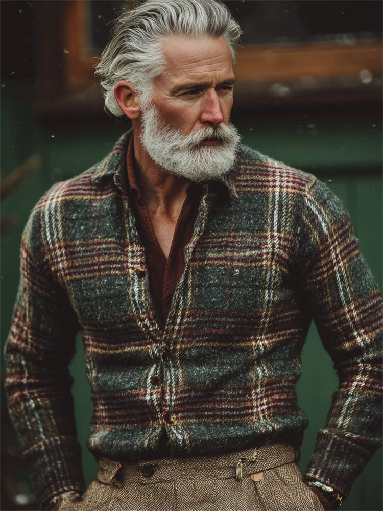 Men's Christmas Inspired 70s Classic Plaid Linen Shirt artswardrobe