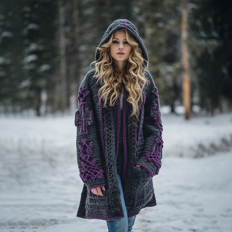 Women's Viking Celtic Knot Art Warm Knit Hooded Jacket artswardrobe