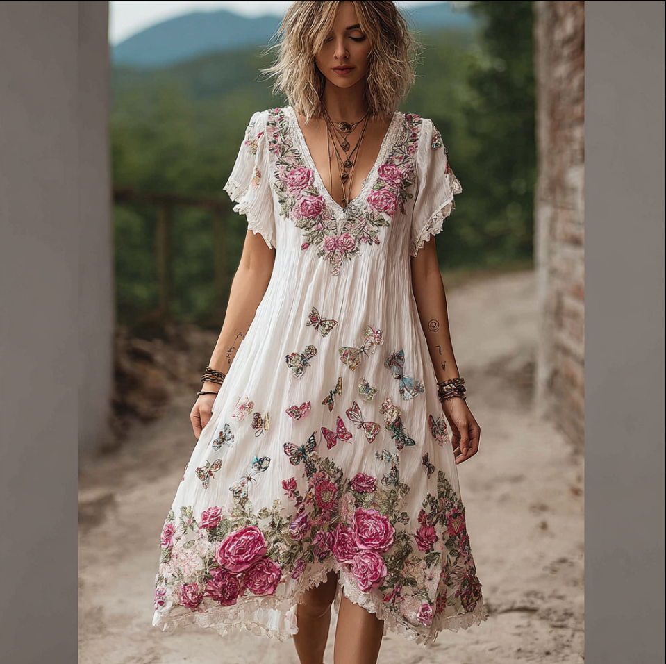 Comstylish Bohemian Style Plant Flower And Butterfly Pattern Embroidery Women's Cotton And Linen Dress