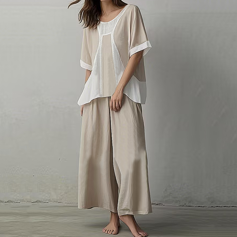 Women's Color-blocked Short-sleeved Pants Two-piece Suit artswardrobe