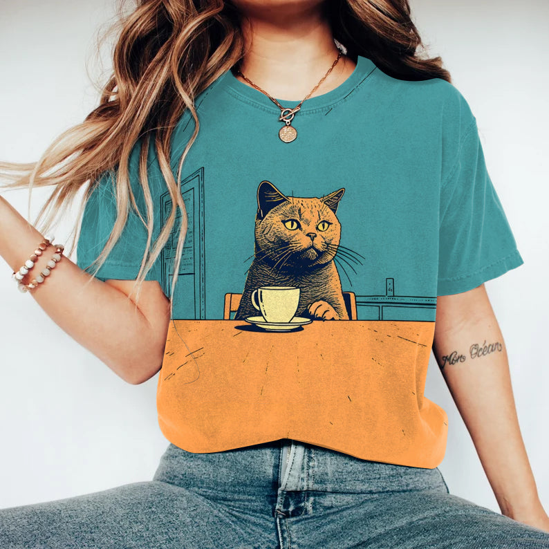 Japanese Art British Short Hair Cat Chilling with Coffee Print Casual T-Shirt elevenforest