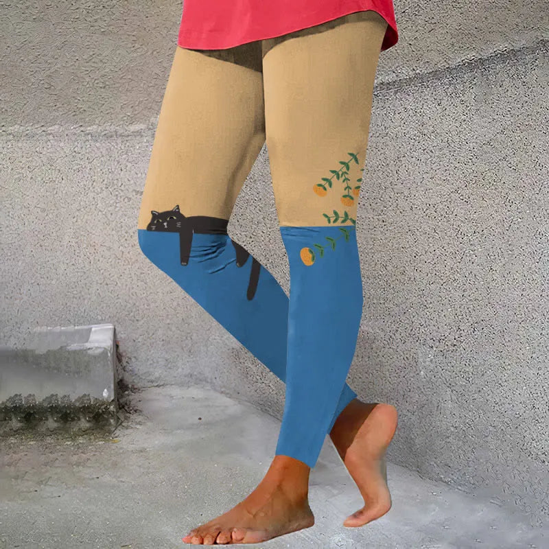 Comstylish Abstract Creative Lazy Black Cat Painting Art Casual Leggings