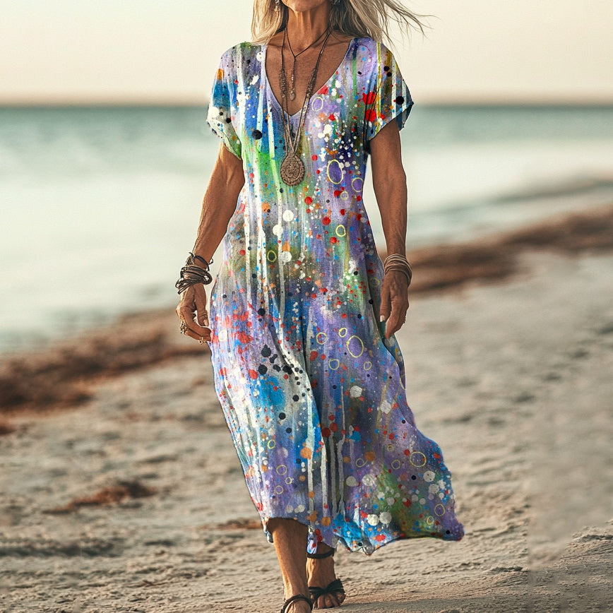 Women's Abstract Geometric Art Print V Neck Pocket Cotton Dress