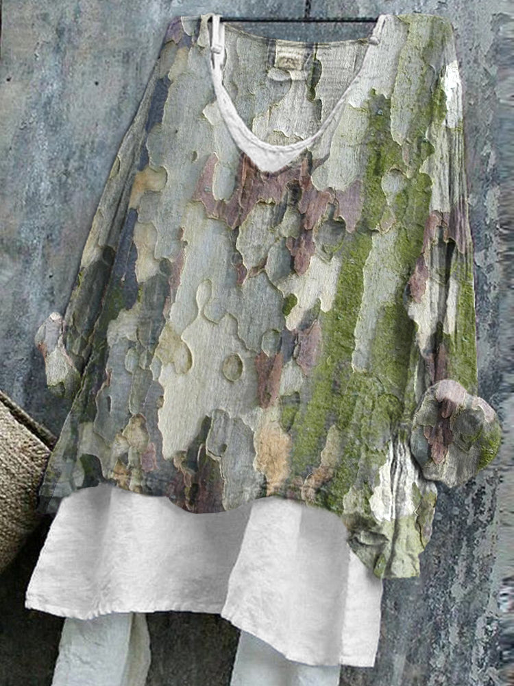 Women's Western Textured Art Print Linen Blend Vintage Shirt artswardrobe