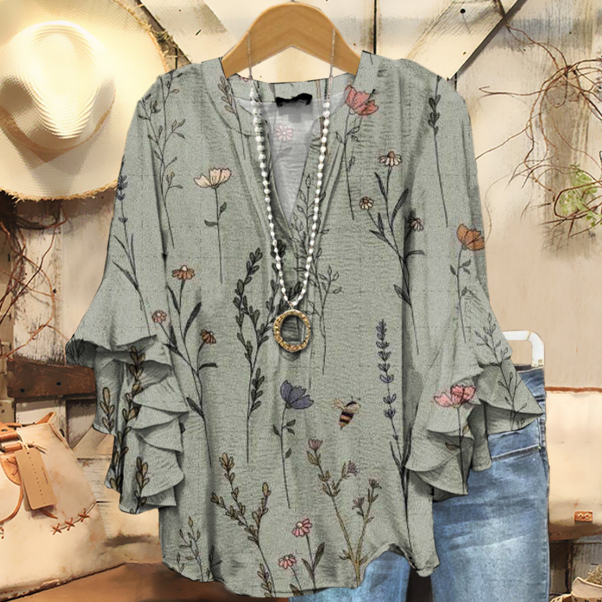 Women's Vintage Floral Art Print Casual Cotton And Linen Shirt