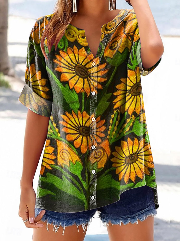 Women's Bohemian Floral Art Print Casual Cotton And Linen Shirt