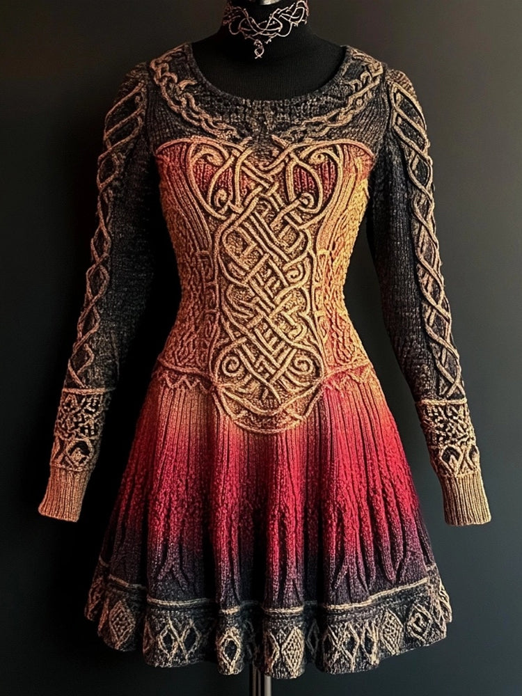Viking Mystical Celtic Jacquard Cozy Knit Flare Sweater Dress elevenforest