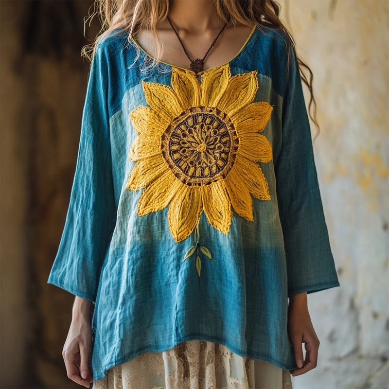Boho Sunflower Embroidered Flowy Linen Tunic artswardrobe