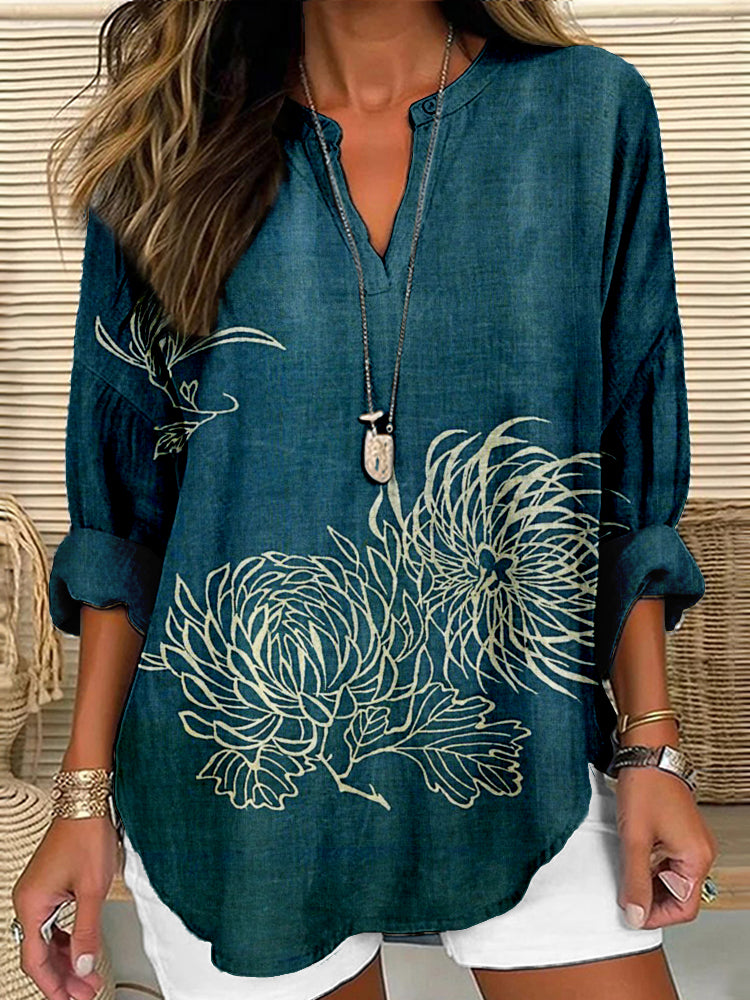 Comstylish Vintage Japanese Floral Art Cozy Linen Tunic