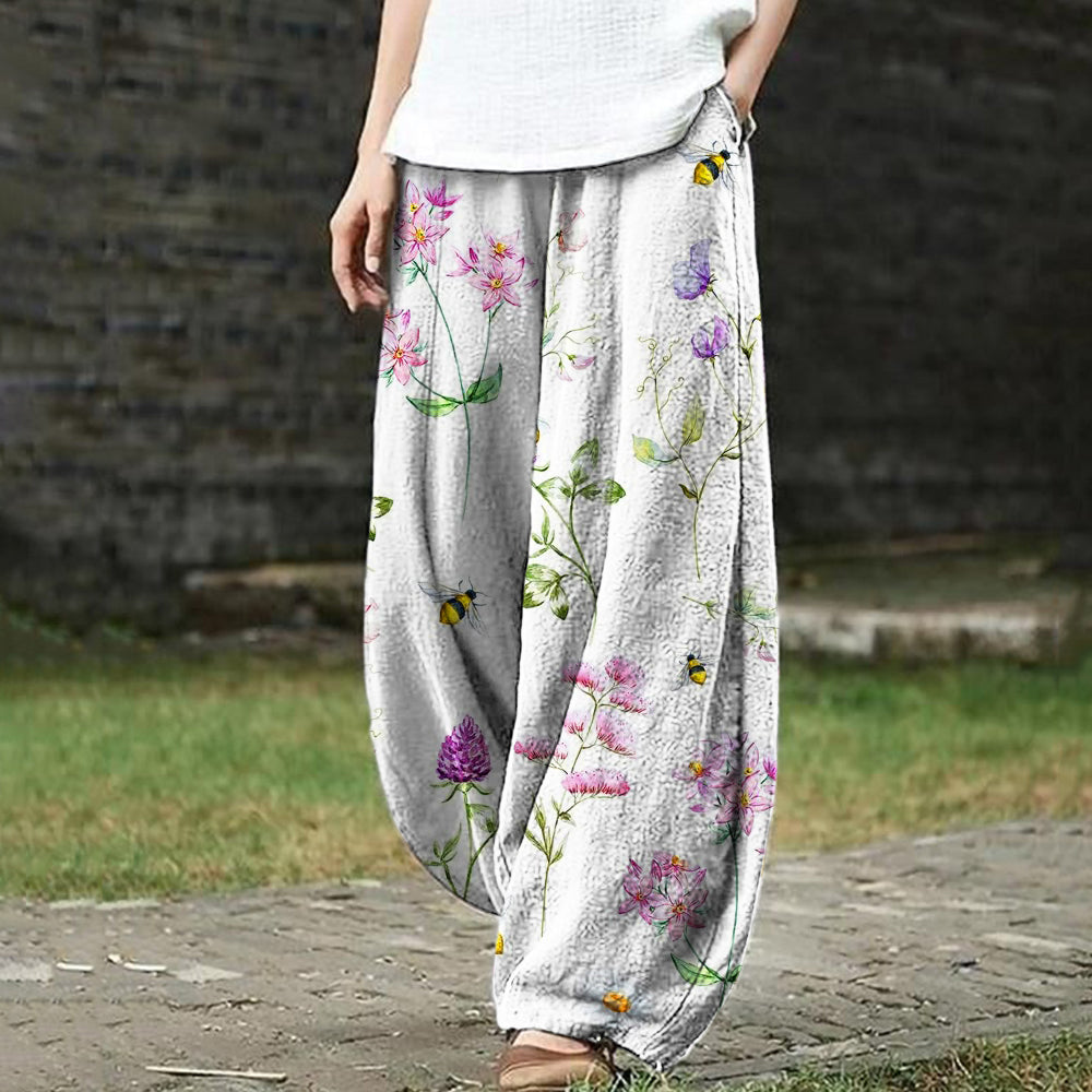 Bee & Floral Print Women's Loose Linen Pants artswardrobe