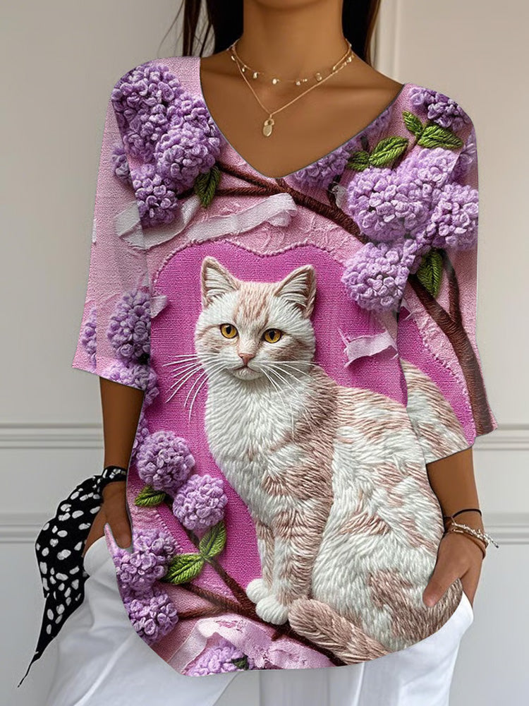 Comstylish Women's Purple Floral Cute Cat Print Top