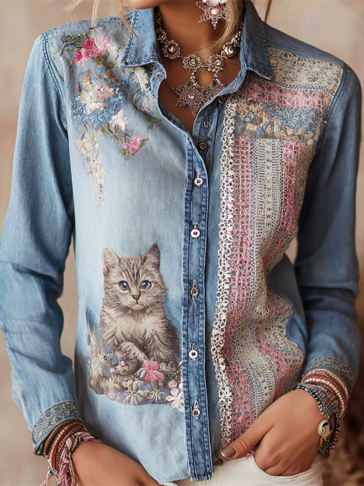 Boho Cute Cat Lace Embroidery Women's Long Sleeve Denim Shirt elevenforest