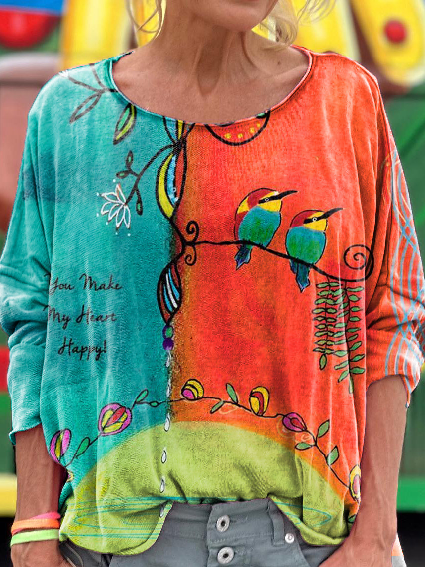 Women's Vintage Bird Art Print Casual Long Sleeve T-shirt