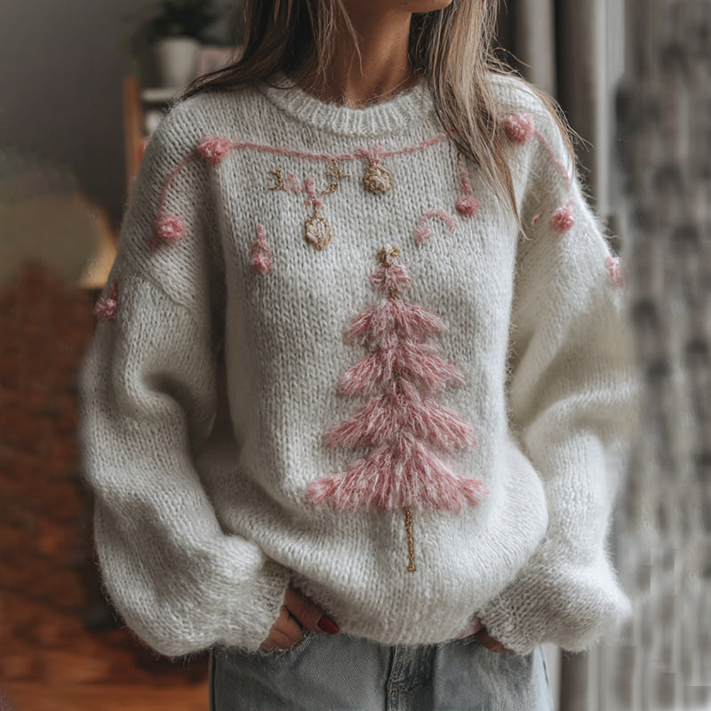 Women's White Christmas Tree Art Crew Neck Cozy Sweater artswardrobe