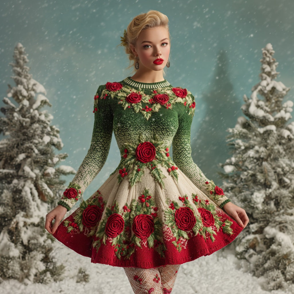 Women's Vintage Christmas Holly Leaves And Rose Gradient Knitted Midi Dress artswardrobe