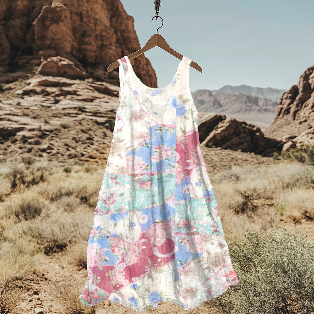 Vintage Floral Patchwork Art Linen Blend Tank Dress artswardrobe