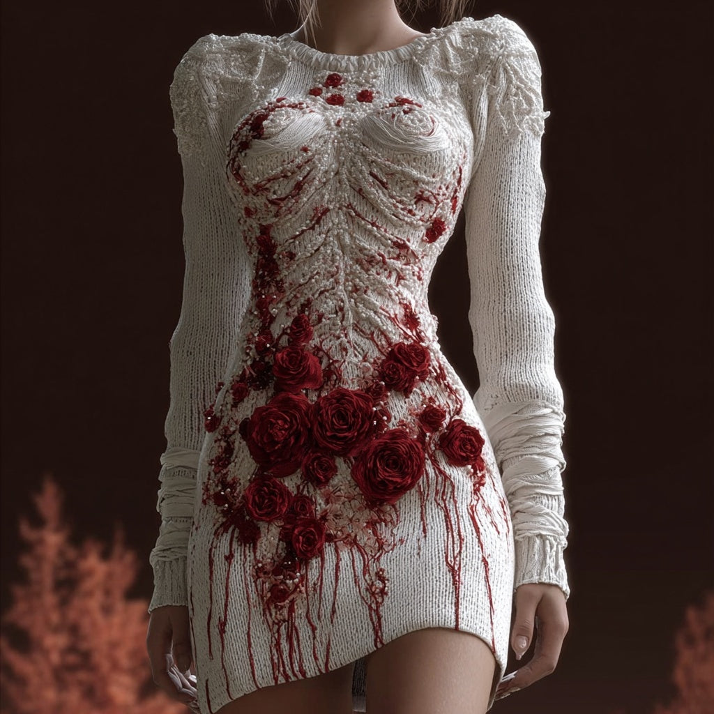 Bloody Bandages Roses Embroidered Cozy Sweater Dress artswardrobe