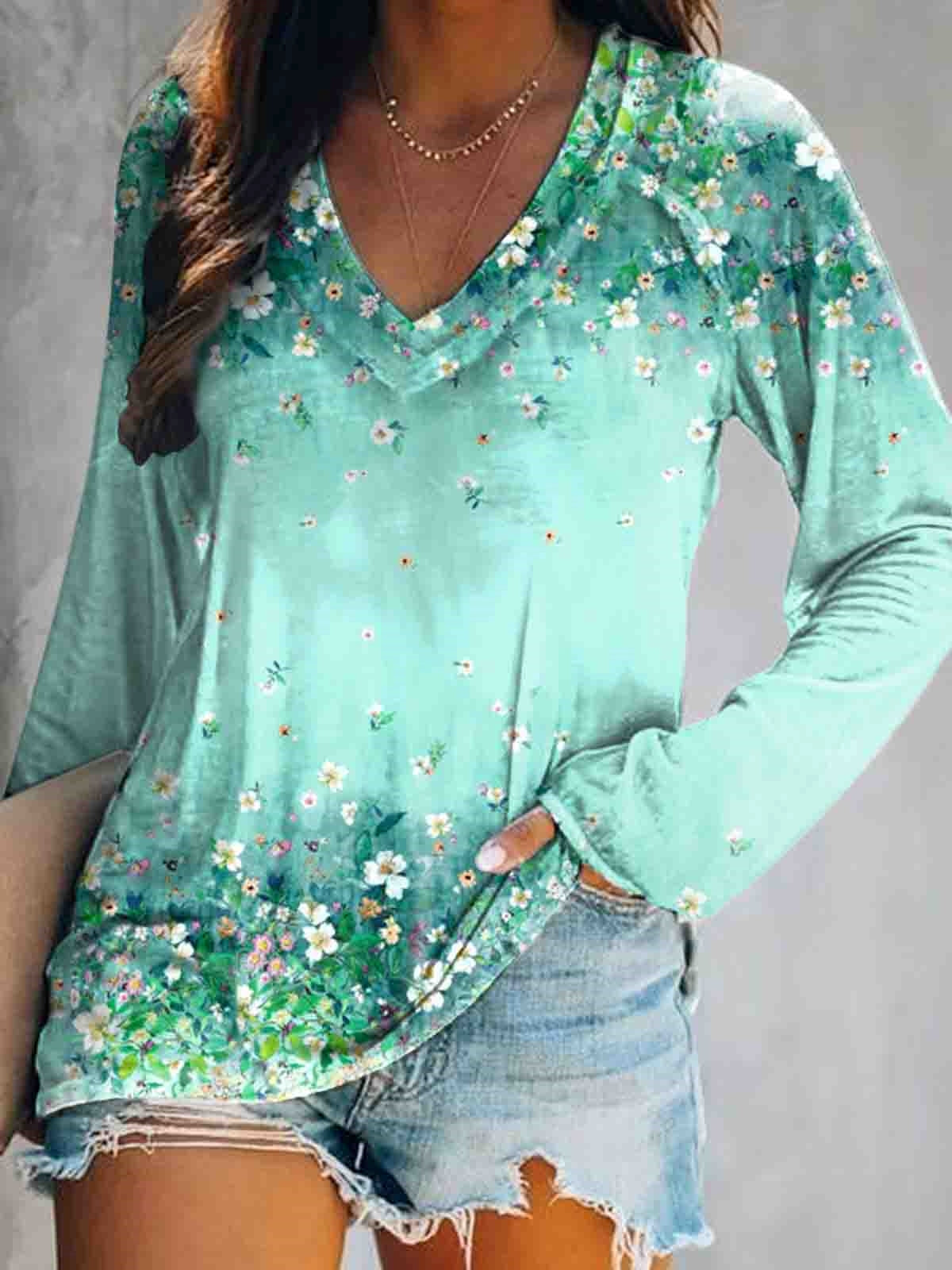 Women's Floral Art Print V-Neck Long Sleeve Top