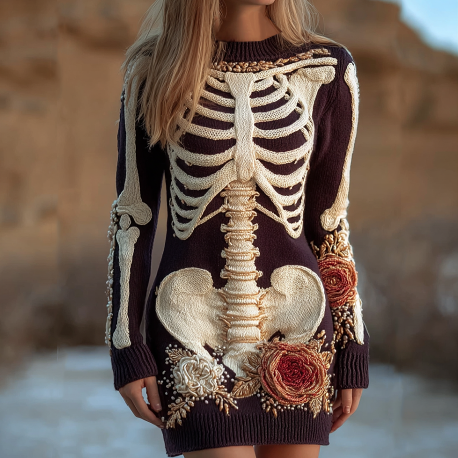 Halloween Human Anatomy Pattern And Flower Pattern Combined Design Women's Round Neck Knit Sweater Dress artswardrobe