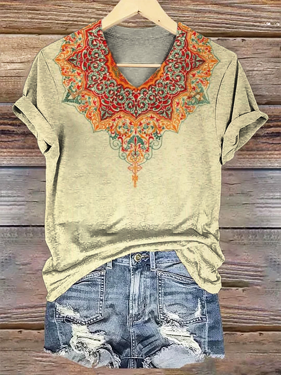 Women's Art Painting Hippie Print V-Neck T-Shirt