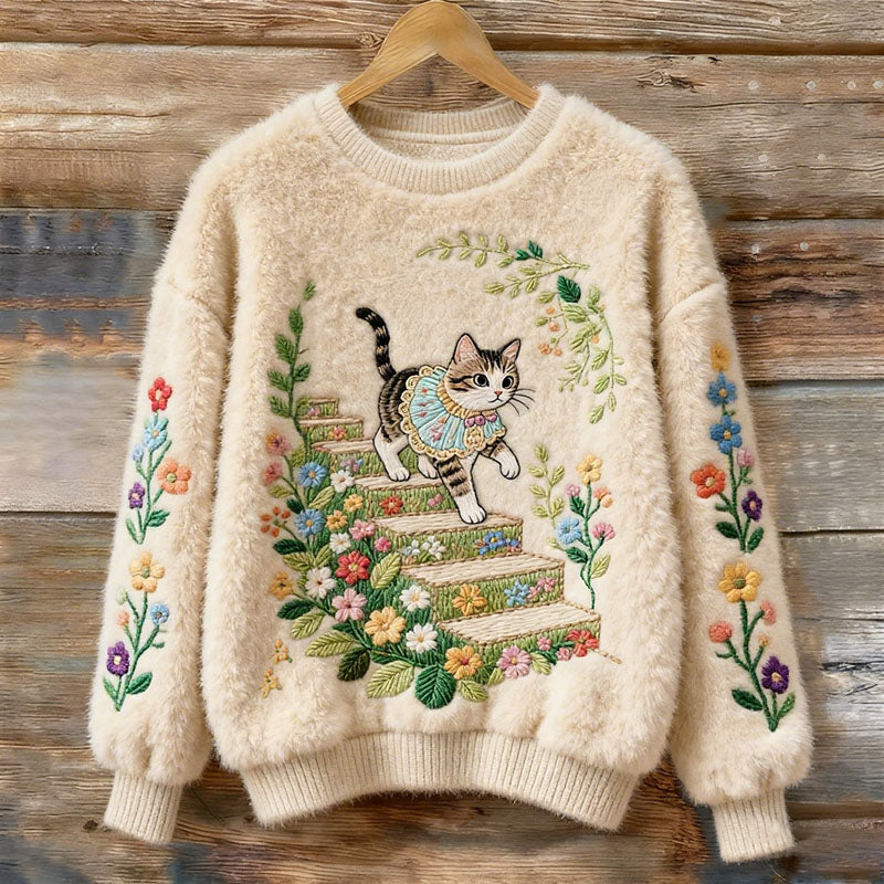 Comstylish Cute Cat Walking On A Staircase Covered With Flowers Art Women's Cozy Plush Sweater