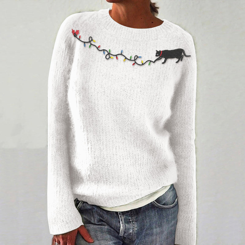 Women's Christmas Black Cat Light Embroidery Art Knitted Casual Sweater elevenforest