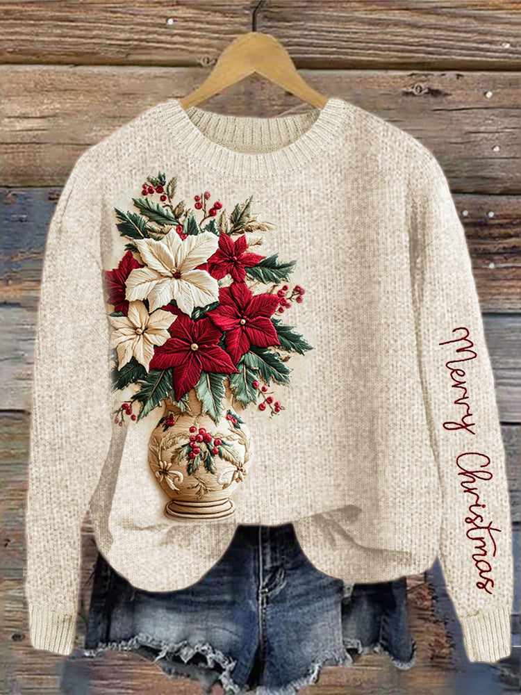 Merry Christmas Poinsettia Embroidery Art Cozy Knit Sweater artswardrobe