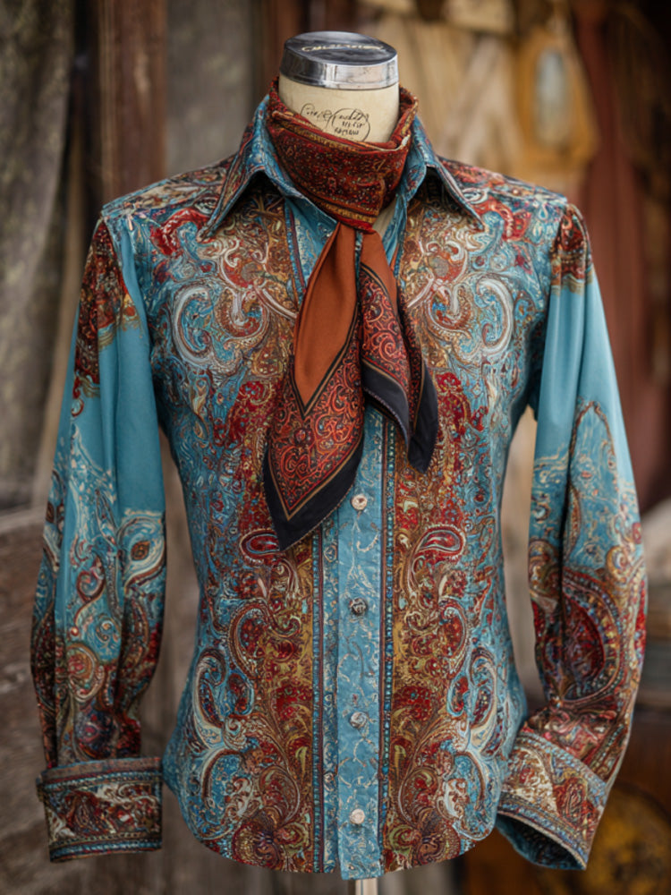 Men's Vintage Western Paisley Design Cotton And Linen Blend Shirt artswardrobe