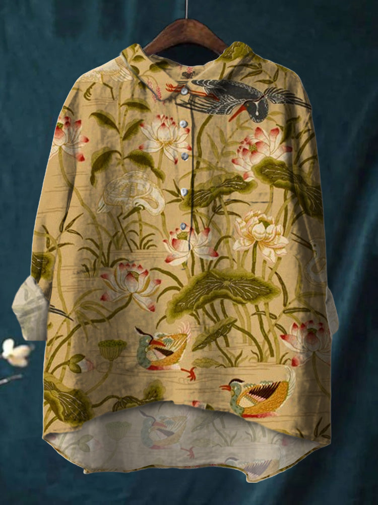 Colorful Watercolor Lotus Print Cotton And Linen Shirt
