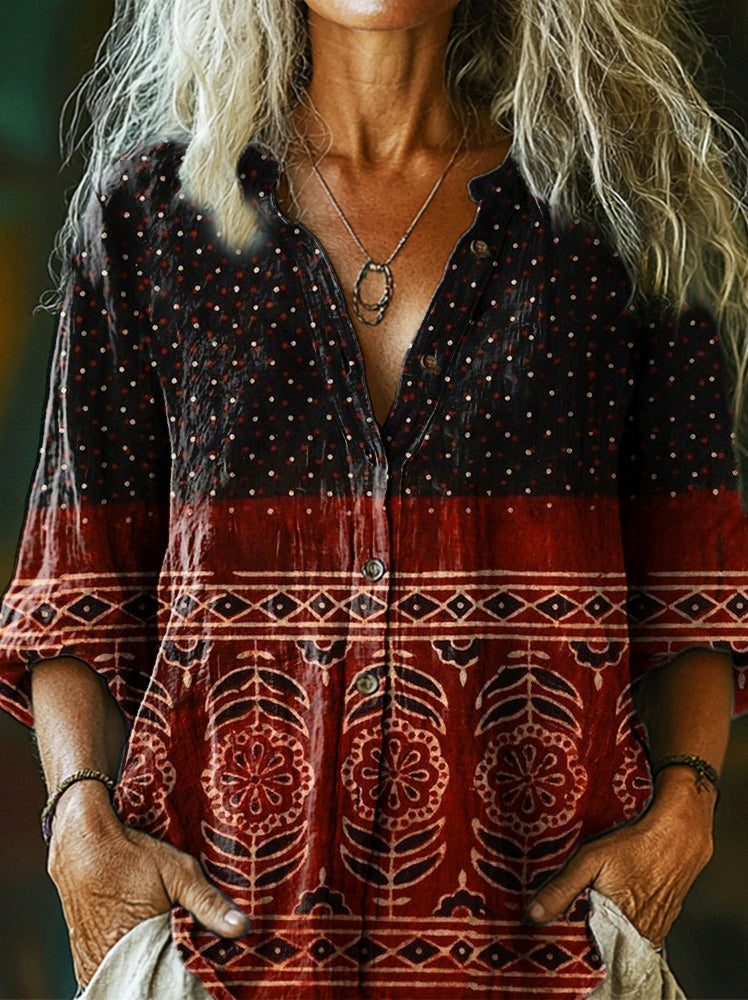 Women's Vintage Ethnic Floral Collage Art Print Casual Cotton Linen Sh