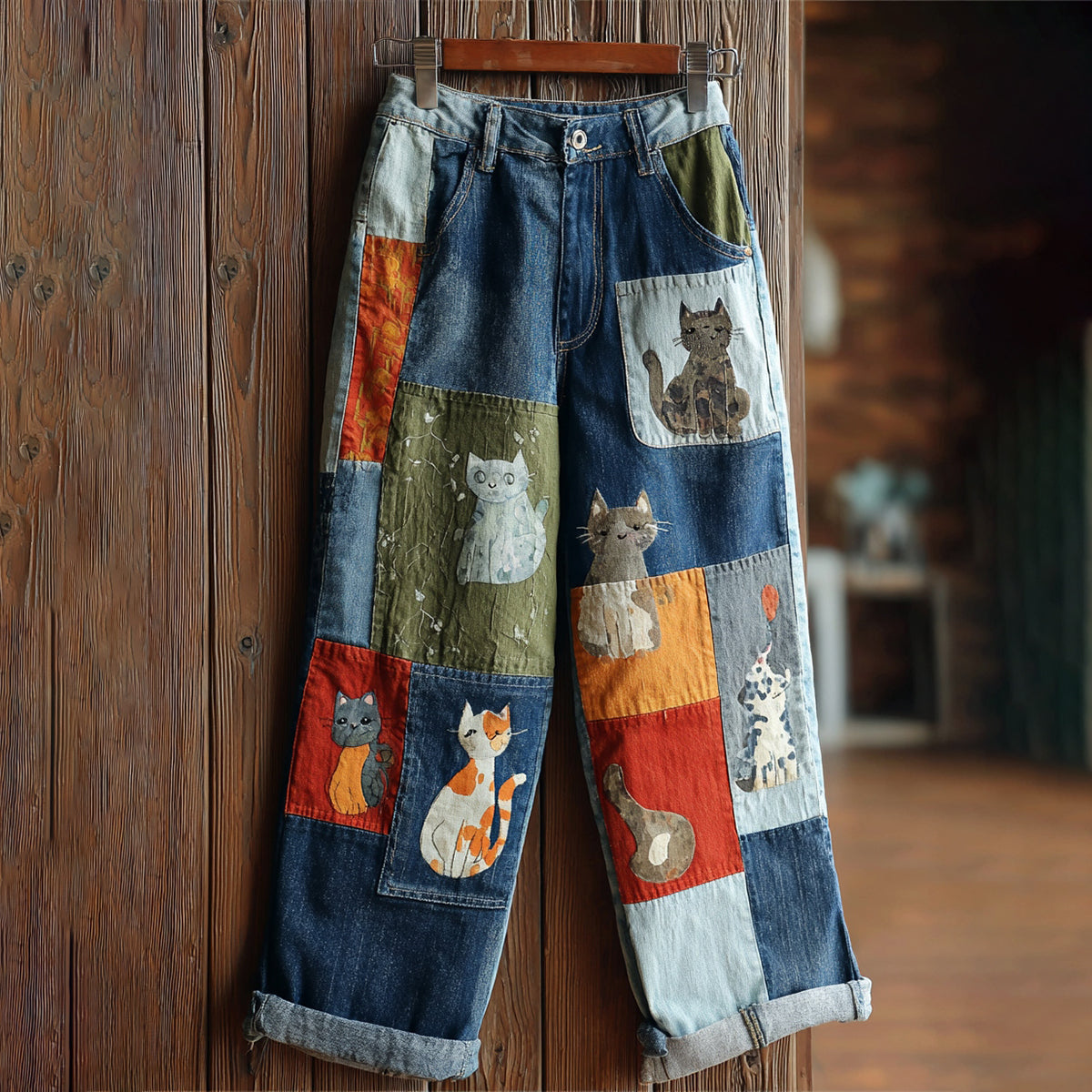Vintage Patchwork Cute Cat Print Contrast Jeans elevenforest