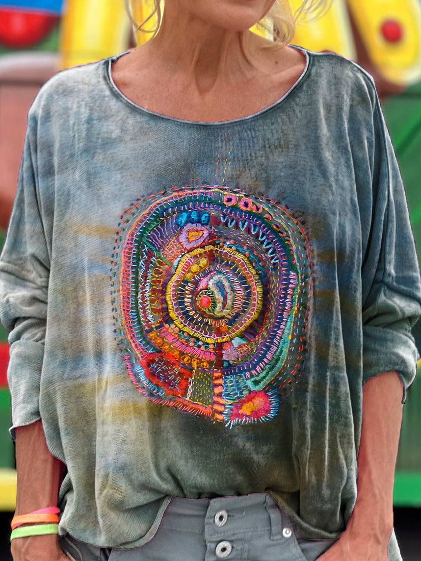 Women's Vintage Patchwork Art Print Casual Long Sleeve T-shirt