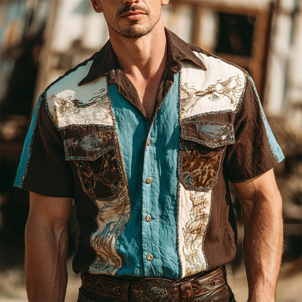 Vintage Western Style Men's Linen Short Sleeve Shirt artswardrobe
