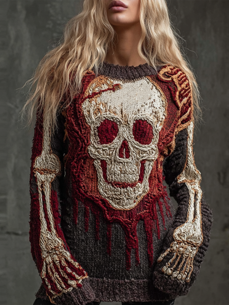 Halloween Skeleton Pattern And Bone Pattern Design Women's Round Neck Sweater artswardrobe