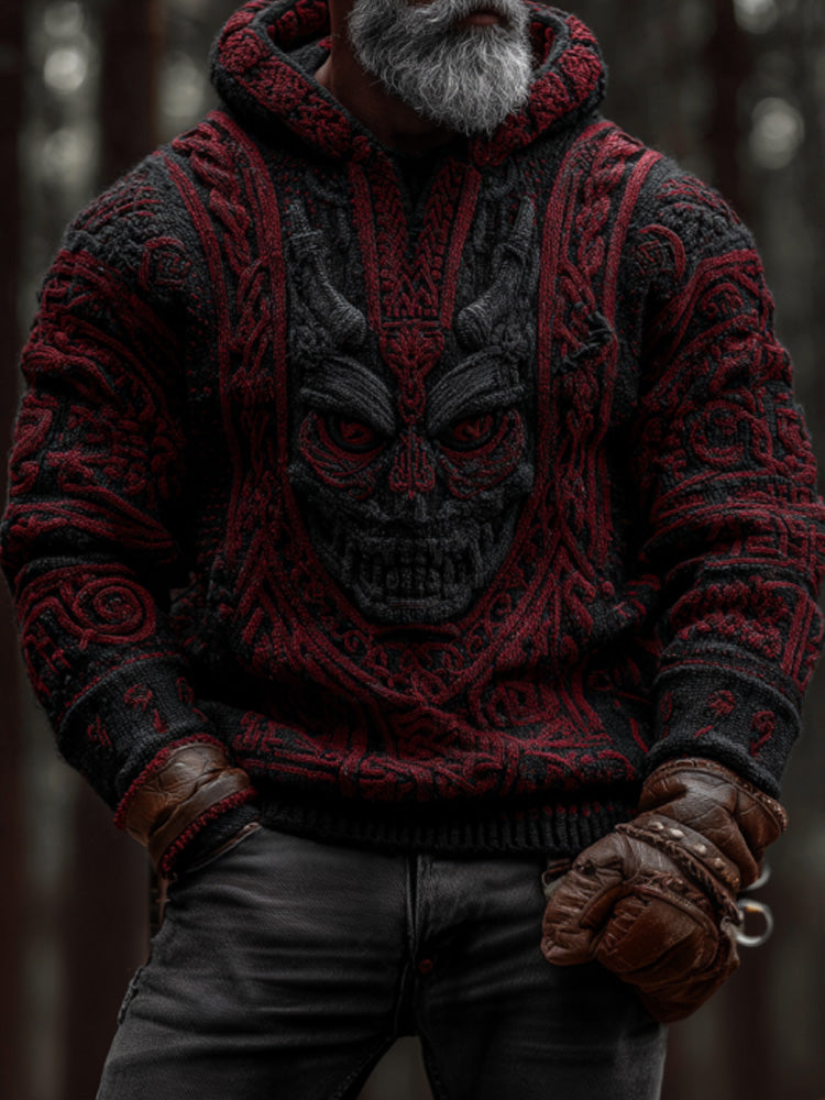 Men's Vintage Viking Halloween Ghost Face Embroidered Hoodie elevenforest