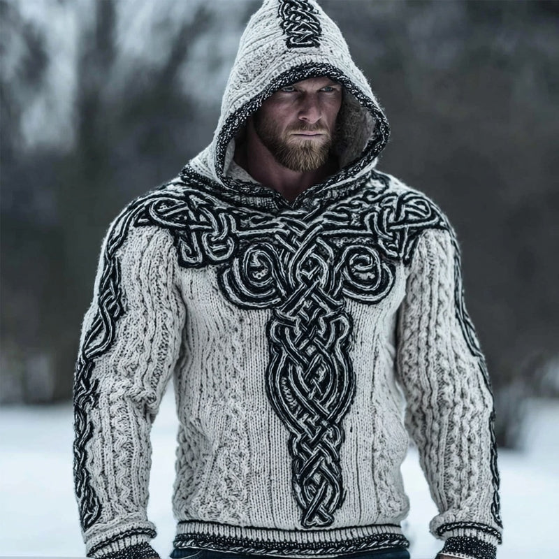 Men's Viking Inspired Celtic Chunky Knit Hooded Sweater artswardrobe