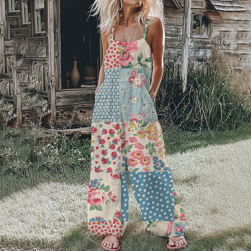 Women's Bohemian Floral Patchwork Linen Print Cotton Linen Jumpsuit artswardrobe