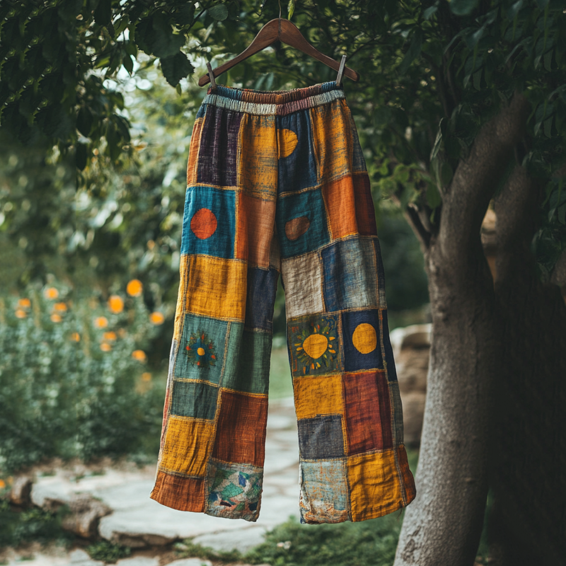 Vintage Color Block Linen Blend Loose Pants artswardrobe