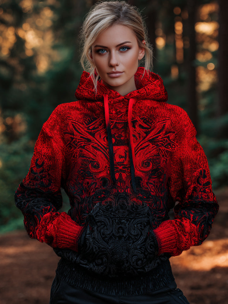 Women's Vintage Viking Tribal Celtic Skull Gradient Art Chunky Knit Hooded Sweater elevenforest